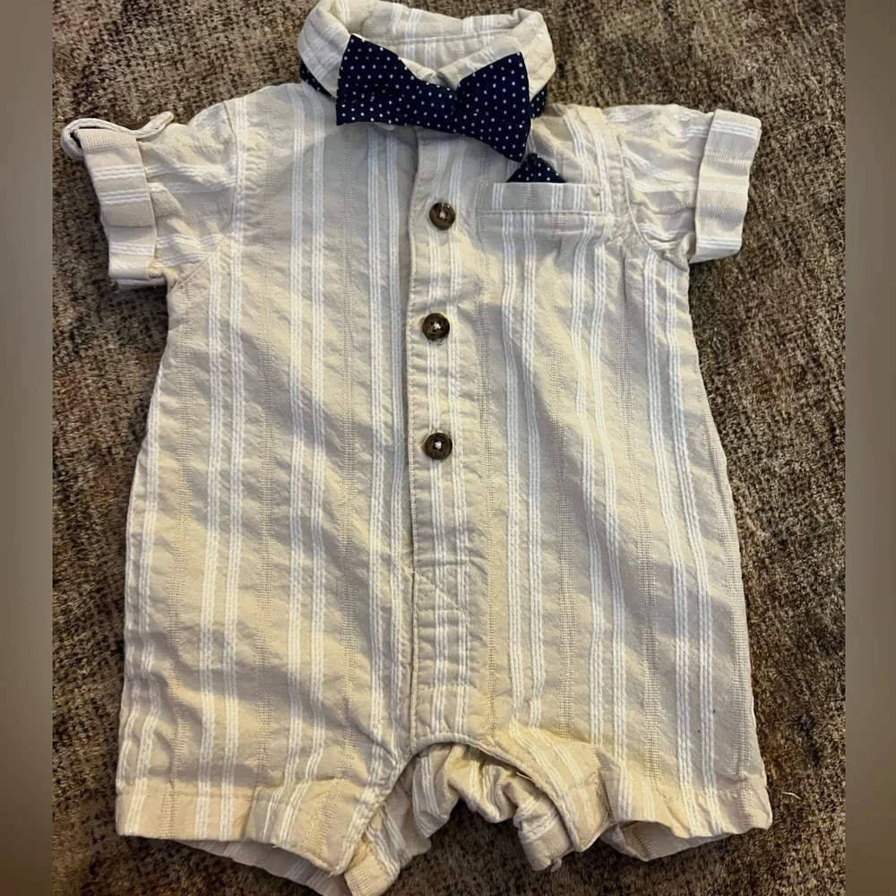 Little Lad Cream Striped Baby Romper with Blue Bow Tie 0-3 Months